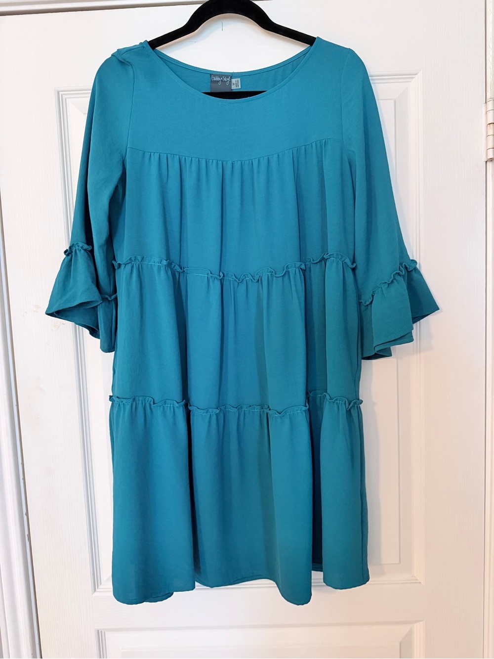 Gabby Skye Teal Tiered Midi Dress with Ruffle Sleeves